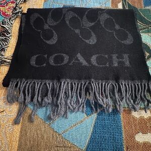 Coach Black and Gray Logo Fringe Scarf Stole